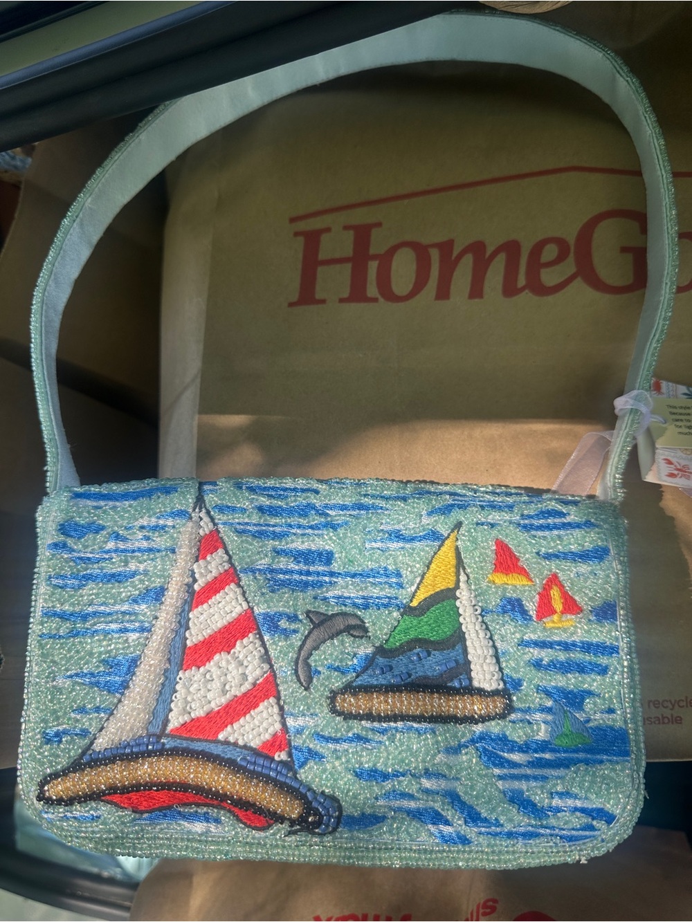 Made in India viral Beaded Sailboat Dolphin Bag in Sea Blue & Multicolor